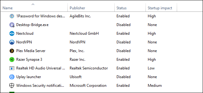 Le Gestionnaire des tâches de Windows 10, liste de quatre colonnes de texte sur fond blanc