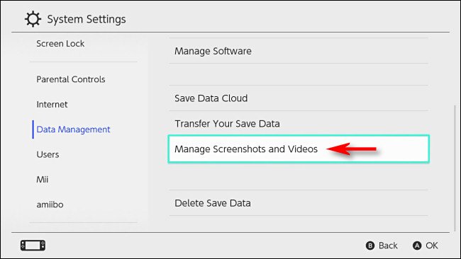 In Switch "Data Management," select "Manage Screenshots and Videos."