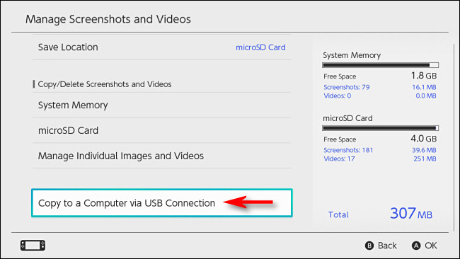 In Switch "Manage Screenshots and Videos," select "Copy to a Computer via USB Connection."