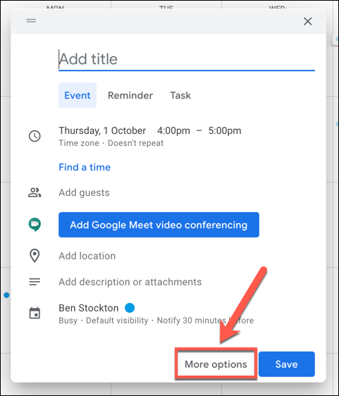 În fereastra pop-up pentru noul eveniment Google Calendar, faceți clic 