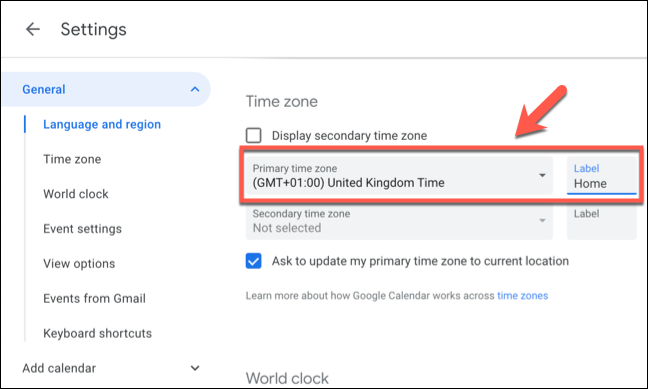 Изберете основната часова зона за Google Календар от 