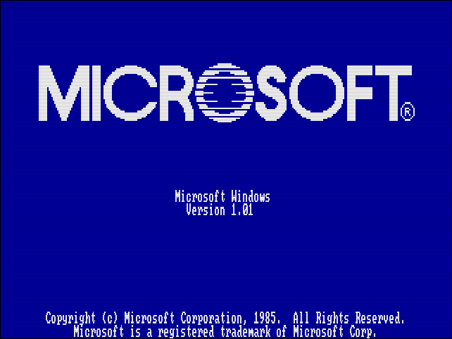 Логотип Microsoft Windows 1.01 на старинном компьютере.