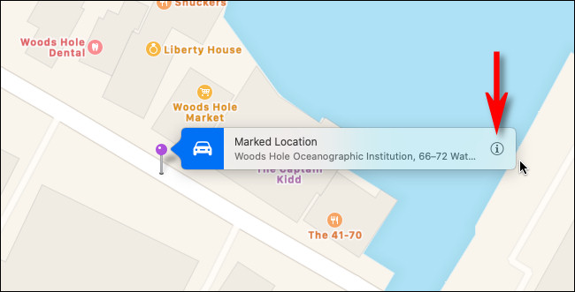 Placer en nål i Apple Maps på Mac, og klik på 