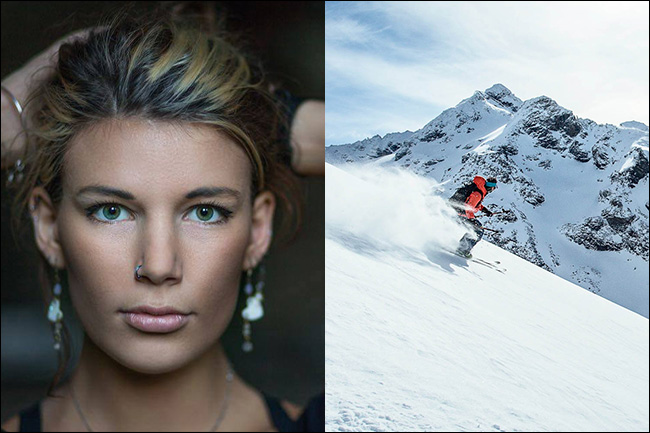 Un portrait d'une femme à gauche avec une faible profondeur de champ et une skieuse descendant une montagne enneigée avec une grande profondeur de champ à droite.