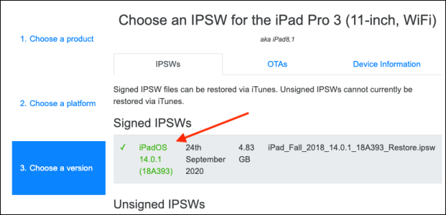 Wybierz najnowszą podpisaną wersję pliku IPSW.