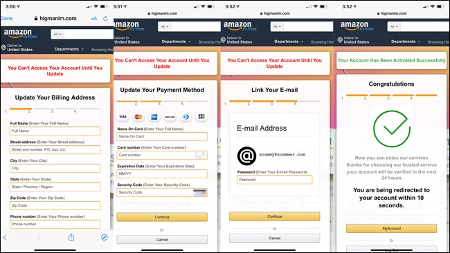 E-mail de spam Amazon qui demande des captures d'écran des informations de paiement et de connexion