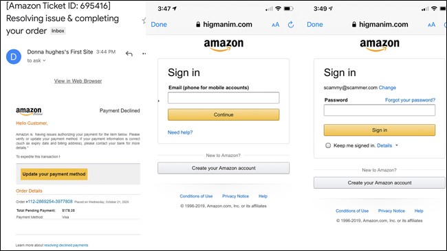 Capturas de pantalla de inicio de sesión y correo electrónico no deseado de Amazon