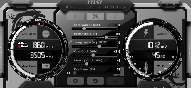 Interfejs MSI Afterburner.
