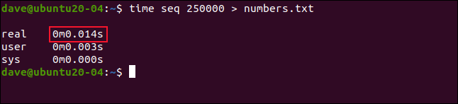 time seq 250000 > numbers.txt într-o fereastră de terminal.”  width=”646″ height=”147″ onload=”pagespeed.lazyLoadImages.loadIfVisibleAndMaybeBeacon(this);”  onerror=”this.onerror=null;pagespeed.lazyLoadImages.loadIfVisibleAndMaybeBeacon(this);”></p>
<p>Timpul necesar pentru a finaliza lista și a crea fișierul este acum de aproximativ 1/7 de secundă.< /p> </p>
<h2 rol=