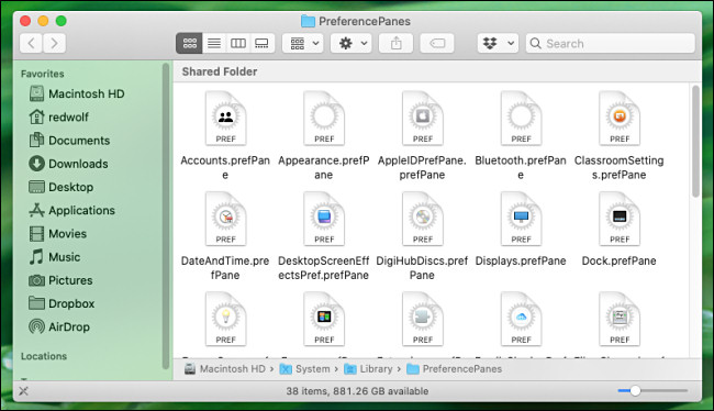 Файлы панели настроек Mac, отображаемые в Finder.