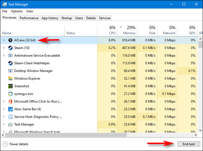 Pentru a opri un proces în Task Manager pentru Windows 10, selectați procesul din listă și faceți clic 