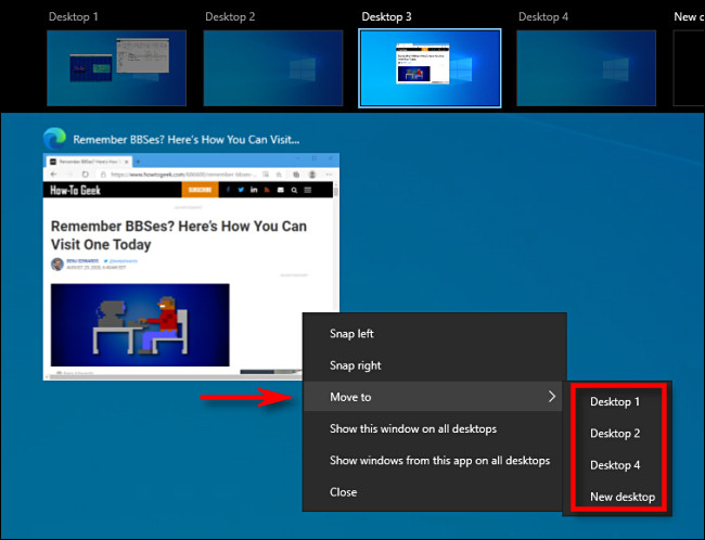 В Task View на Windows 10 щракнете с десния бутон върху миниатюра на прозорец и изберете 