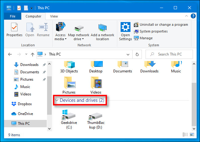 In This PC, locate the "Devices and drives" section in Windows 10 File Explorer.