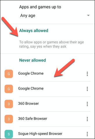 Apps, du tillader eller ikke tillader, vises under 