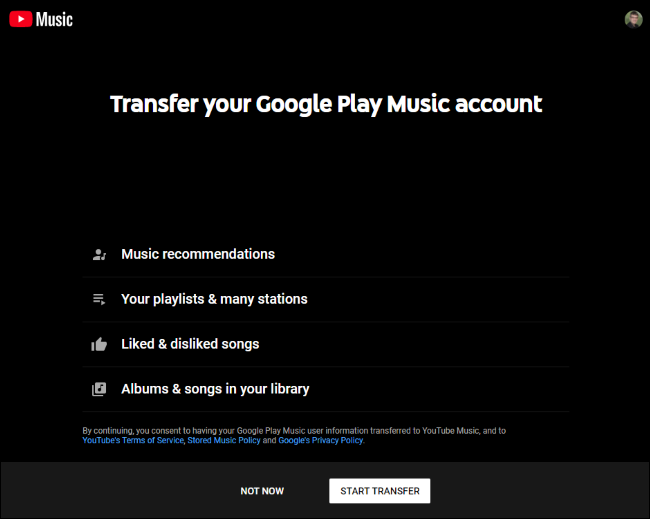 Trasferimento di un account Google Play Music su YouTube Music