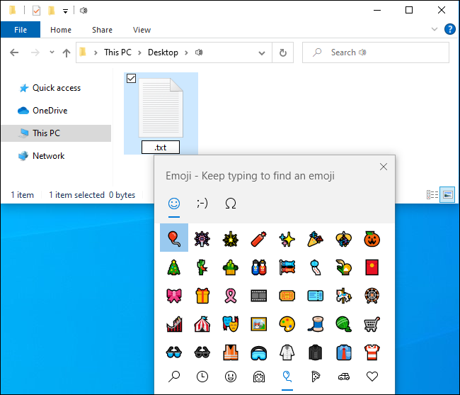 Dodawanie emoji do nazwy pliku w systemie Windows 10 za pomocą Eksploratora plików.