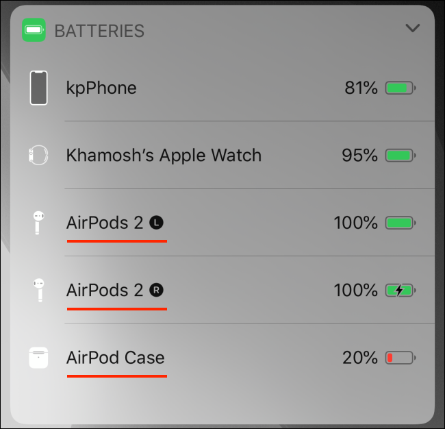 Widget Batteries montrant la batterie AirPods sur iPhone