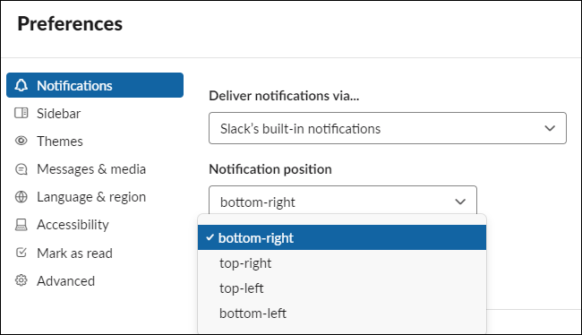 Opzioni di posizione di notifica Slack su Windows 10.