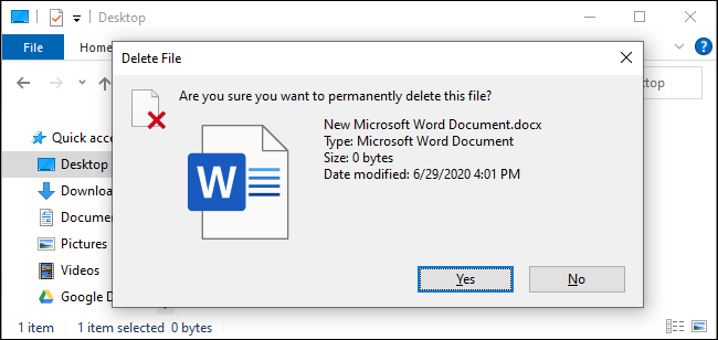 Запрос на подтверждение при удалении файла с помощью Shift + Delete.