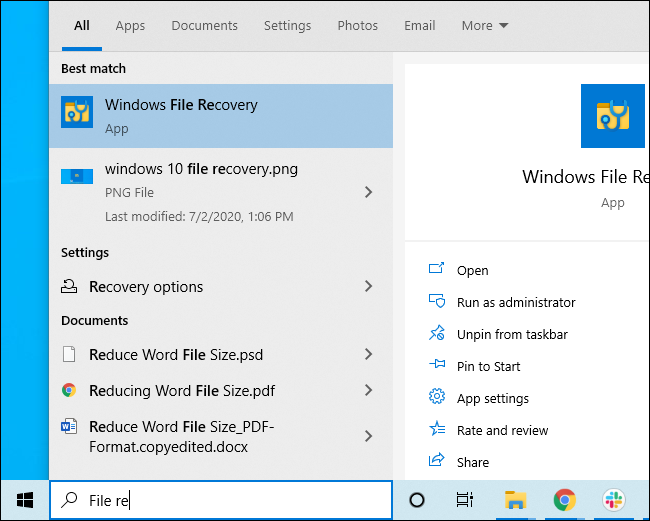 Запуск Windows File Recovery из меню Пуск
