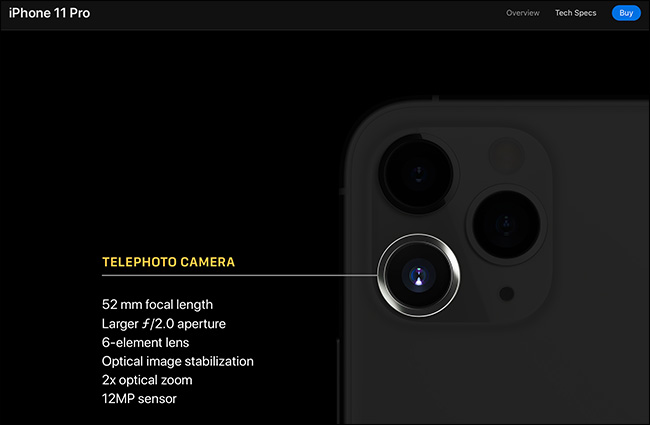 I dettagli della fotocamera del teleobiettivo su iPhone 11 Pro.