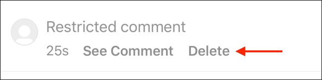 Tocca il pulsante Elimina per eliminare il commento limitato su Instagram