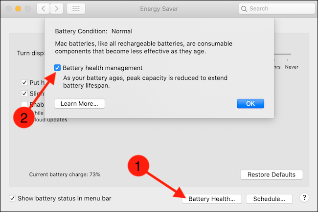 Haga clic en el botón Battery Health y luego desmarque la opción Battery Health Management