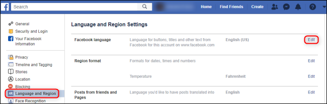 Язык и регион Facebook