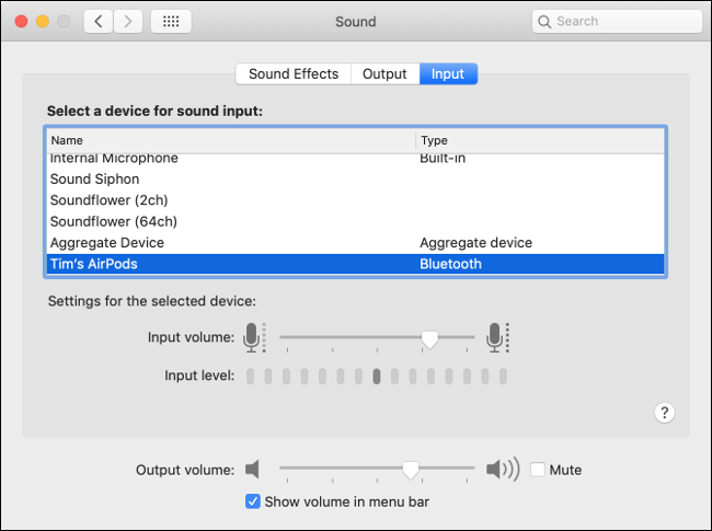 Preferencje wejścia dźwięku w systemie macOS