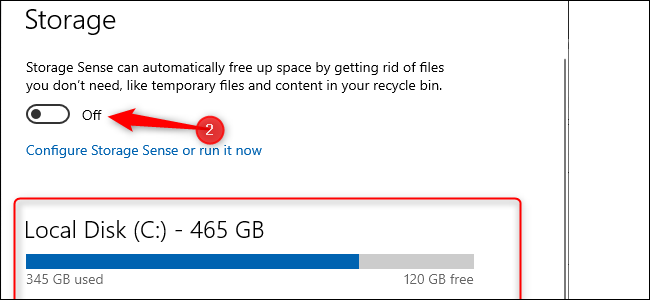 Impostazioni di archiviazione di Windows 10.  Un grafico a barre blu che indica la quantità di memoria utilizzata