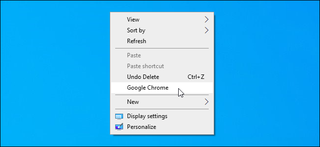 Un raccourci personnalisé ajouté au menu contextuel du bureau Windows 10.