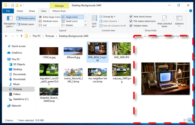 Exemple de volet de visualisation dans l'Explorateur de fichiers Windows 10