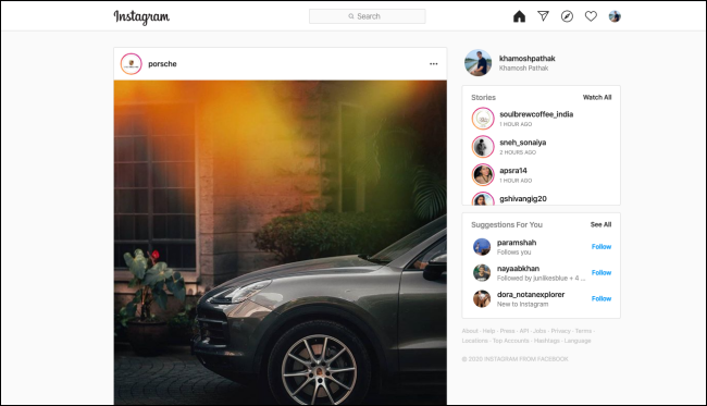 Un feed Instagram su un browser desktop.