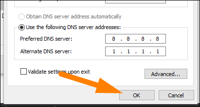 Въведете адресите на DNS сървъра и след това щракнете 