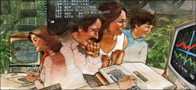 Eine Illustration von Leuten, die Apple II-Computer aus dem 