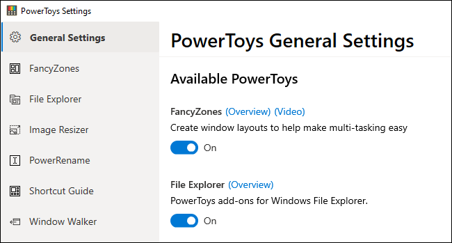 La finestra delle impostazioni di PowerToys.