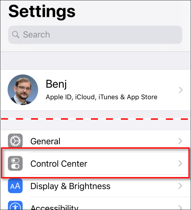 Выберите Центр управления в настройках iOS.
