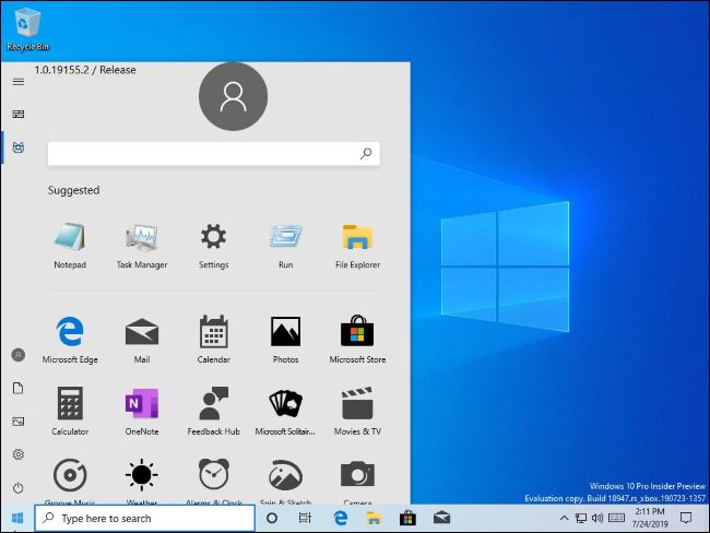 Wyciekło menu Start systemu Windows 10 bez aktywnych kafelków