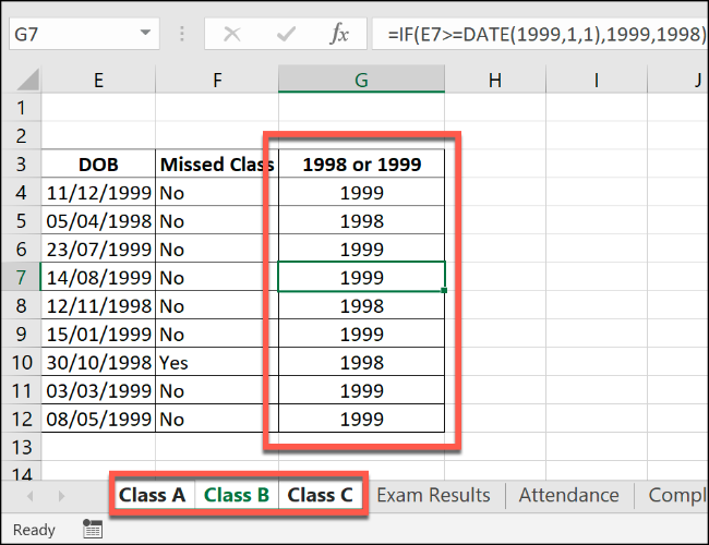 Formuła Excel IF zastosowana do wielu zgrupowanych arkuszy.