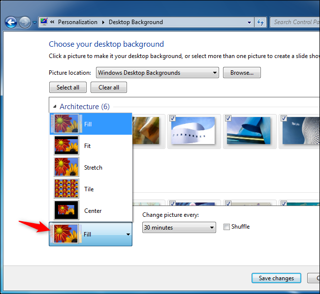 Seleccionar opciones de fondo de pantalla en Windows 7.