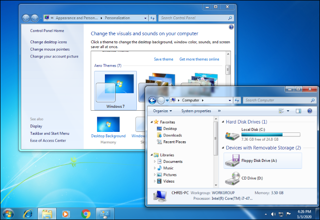 Un bureau Windows 7 avec le Panneau de configuration et l'Explorateur Windows ouverts.