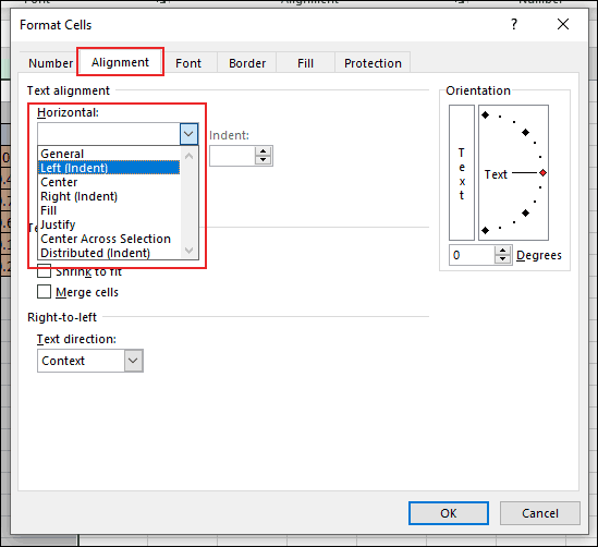 W oknie dialogowym Formatowanie komórek w programie Excel kliknij kartę Wyrównanie i kliknij plik 