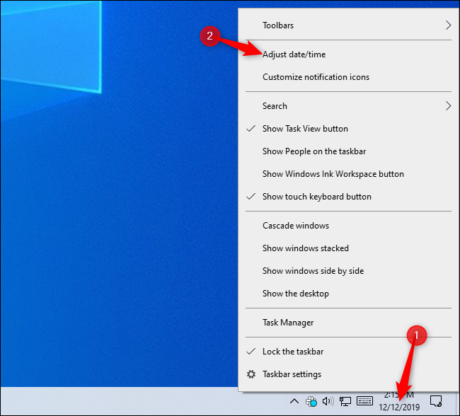 Paramètres d'heure d'ouverture de la barre des tâches de Windows 10.