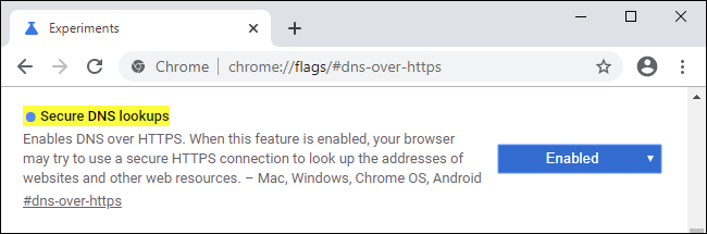 Włączanie bezpiecznego wyszukiwania DNS za pomocą flagi Google Chrome.