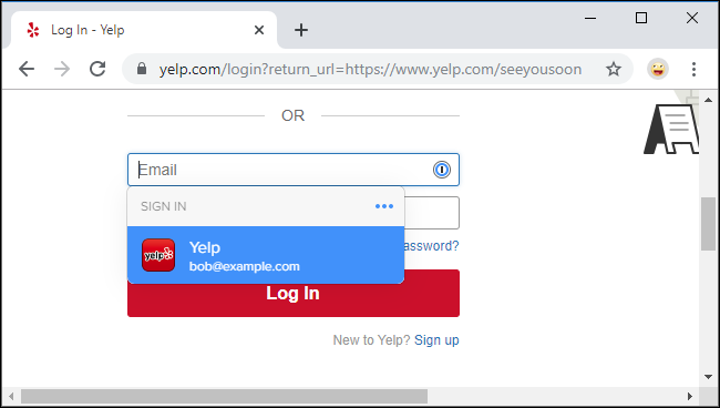Logowanie się na stronie Yelp za pomocą 1Password X w Google Chrome.