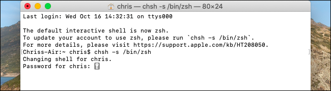 Modifica della shell predefinita in Zsh su macOS Catalina.