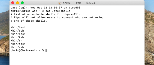 Listado de shells disponibles en la terminal de macOS Catalina.