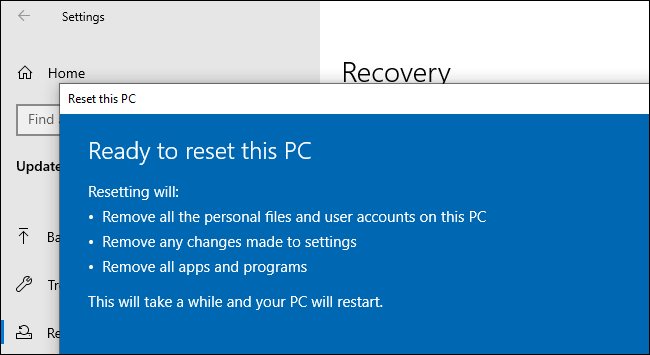 Restablecimiento de una PC desde la aplicación Configuración de Windows 10.