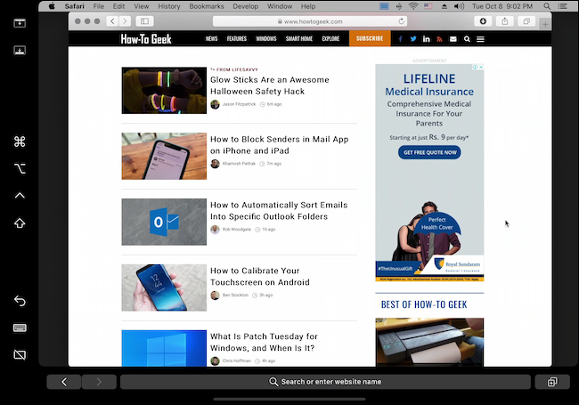 Interfaz de usuario de Sidecar que muestra Safari ejecutando How to Geek Website
