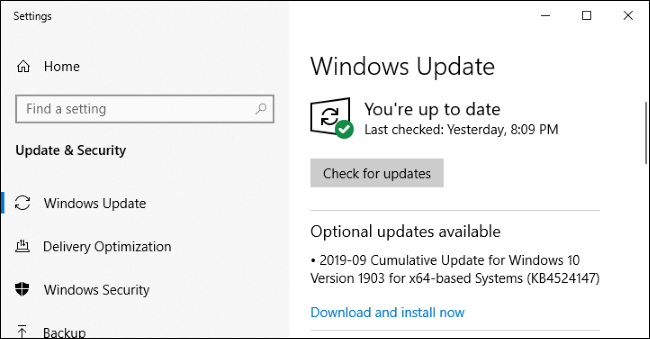 Windows Update affichant une mise à jour facultative.
